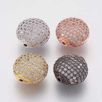 Brass Micro Pave Cubic Zirconia Beads, Lead Free & Cadmium Free, Flat Round