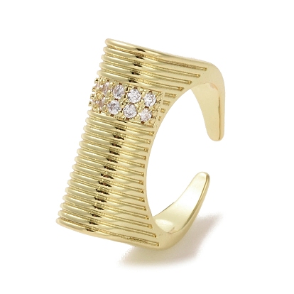 Brass Micro Pave Cubic Zirconia Open Cuff Ring, Cadmium Free & Lead Free, Rectangle