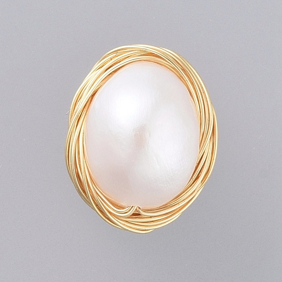 Natural Baroque Pearl Keshi Pearl, Cultured Freshwater Pearl Cabochons, with Real 18K Gold Plated Copper Wire, Oval