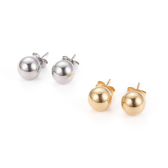 304 Stainless Steel Ball Stud Earrings, Hypoallergenic Earrings, with Ear Nuts, Round