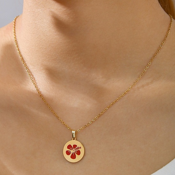 304 Stainless Steel Enamel Pendant Necklaces for Women, Real 18K Gold Plated