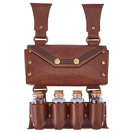 Rectangle PU Leather Medieval Waist Belt Bag with Belt and 4 Glass Potion Bottles, with Alloy Buckle
