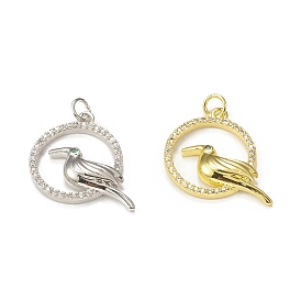 Brass Micro Pave Cubic Zirconia Bird Pendants, with Jump Ring, Ring with Toucan Charm