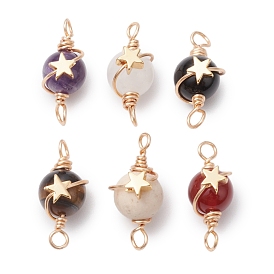 Natural Amethyst/Carnelian/Fossil/Black Onyx(Dyed & Heated)/White Jade/Tiger Eye Round Copper Wire Wrapped Connector Charms, with Brass Star Beads, Golden