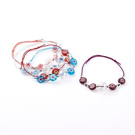 Adjustable Handmade Millefiori Glass Beaded Bracelets, with Glass Globe Beads, Nylon Thread and Brass Beads, Platinum
