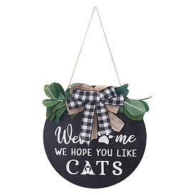 Natural Wood Hanging Wall Decorations for Front Door Home Decoration, Flat Round with Bowknot, Word Welcome we hope you like cats