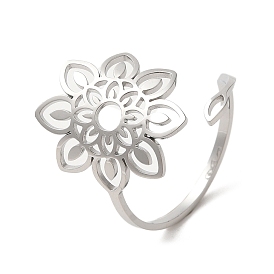 304 Stainless Steel Open Cuff Ring, Hollow Flower