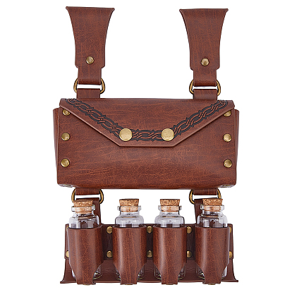 Rectangle PU Leather Medieval Waist Belt Bag with Belt and 4 Glass Potion Bottles, with Alloy Buckle
