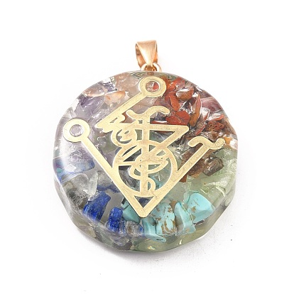 Transparent Resin Pendants, with Chip Gemstone Beads and Alloy Findings, Flat Round