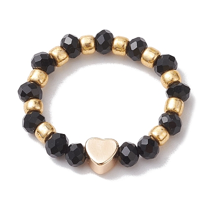 Glass Stretch Rings, with Golden Plated Brass Beads