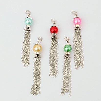 Glass Pearl Tassel Pendant Decorations, with Iron Chains, Brass Rhinestone Beads and Alloy Lobster Claw Clasps, 90~95mm