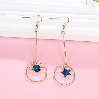 Enamel Star & Planet Asymmetrical Earrings, Light Gold Plated Alloy Dangle Earrings for Women