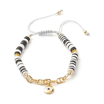 Handgefertigtes Armband aus geflochtenen Perlen aus Fimo, Armband aus Mariner-Gliederketten aus Messing, Flaches rundes Glücksarmband mit Emaille-Anhängern für Frauen, golden