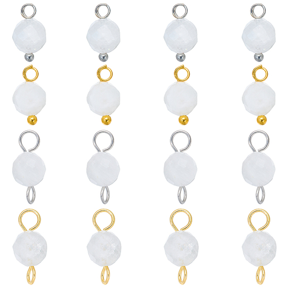 16Pcs 4 Styles June Birthstone Natural Rainbow Moonstone Pendant and Connector Charms, Round, with Brass Findings, Platinum & Golden