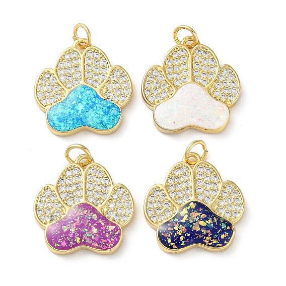 Brass Micro Pave Clear Cubic Zirconia Pendants, with Synthetic Opal, with Jump Ring, Real 18K Gold Plated, Claw Print