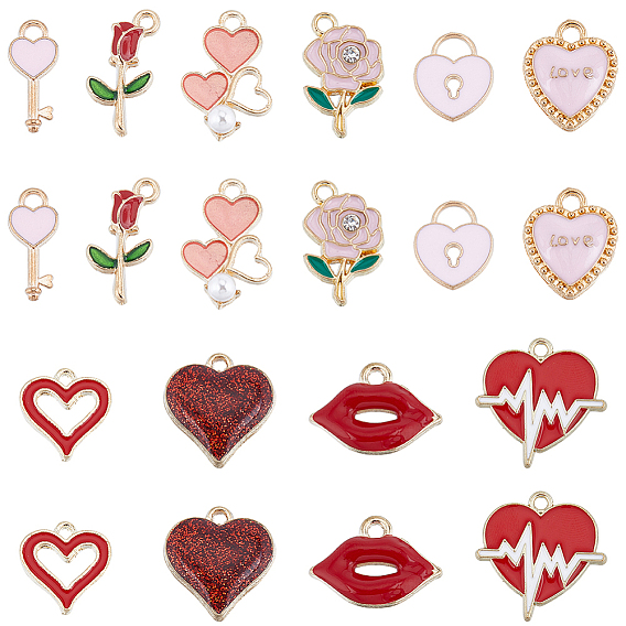 80 шт 10 стиль подвески из сплава эмали, с стразами и акриловыми шариками, роза/губа/сердце, на день Святого Валентина