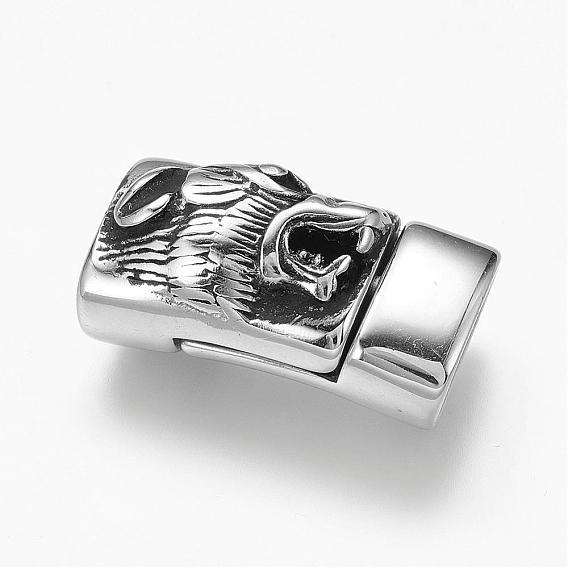 304 Stainless Steel Magnetic Clasps with Glue-in Ends, Rectangle with Tiger Head