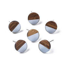 Transparent Resin & Walnut Wood Stud Earrings, with 316 Stainless Steel Pins, Flat Round