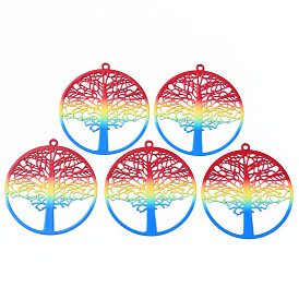 430 Stainless Steel Filigree Pendants, Spray Painted, Etched Metal Embellishments, Flat Round with Tree