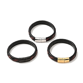 Leather Braided Rectangle Cord Bracelet with 304 Stainless Steel Magnetic Clasps for Men Women