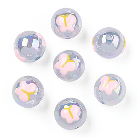 UV Plating Rainbow Iridescent Acrylic Beads, with Enamel, Round with Butterfly