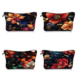 Flower Print Polyester Cosmetic Zipper Pouches, Waterproof Clutch Bag, Toilet Bag for Women