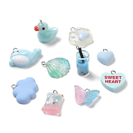 Resin Pendants, with Platinum Plated Iron Loops, Cloud & Heart & Duck, Mixed Shapes