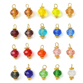 20Pcs 20 Color Glass Charms, with Golden Brass Loops, Faceted Bicone