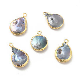 Baroque Natural Keshi Pearl Pendants, Teardrop Charms, with Brass Loops, Blue