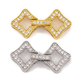 Rack Plating Brass Micro Pave Clear Cubic Zirconia Fold Over Clasps, Long-Lasting Plated, Lead Free & Cadmium Free, Rhombus
