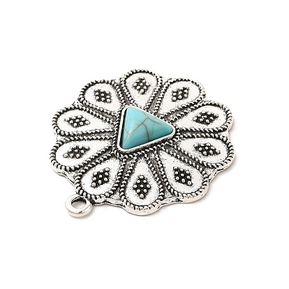 Retro Alloy Pendants, with Synthetic Turquoise, Flower Charms