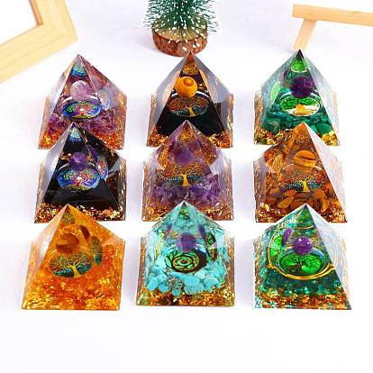 Pyramid Resin Energy Generators, Reiki Natural Gemstone Chips Inside for Home Office Desk Decoration
