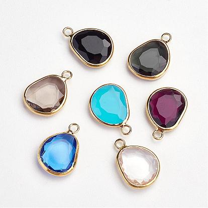 Brass Glass Pendants, Golden, Drop, Faceted