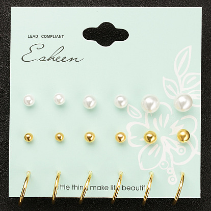 Stylish 9-Pair Set of Pearl Ball Stud and U-Shaped Hoop Earrings Jewelry