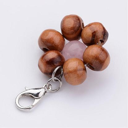 Wood Bead Pendants, Flower, with Gemstone Beads, Alloy Lobster Clasps, Platinum