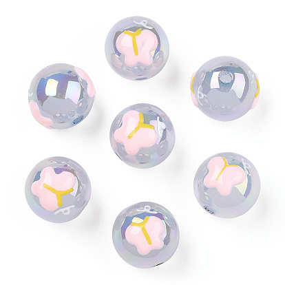 UV Plating Rainbow Iridescent Acrylic Beads, Hand Drawn Beads, with Enamel, Round with Butterfly