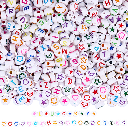 1400шт 3 стили белые непрозрачные акриловые бусины, плоский круглый с сердцем, цветком, луной и звездой
