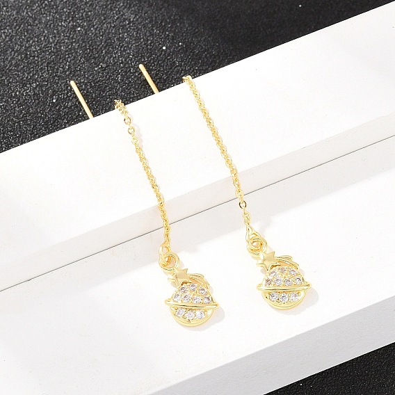 Планета со звездой, латунная микропаве, прозрачный кубический цирконий, серьга-нить, стойки покрытие, долговечный, без свинца и без кадмия