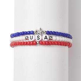 3Pcs 3 Style Independence Day Glass Beaded Stretch Bracelets Set, Word USA Acrylic & Alloy Star Stackable Bracelets for Women