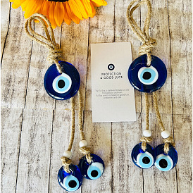 Flat Round with Evil Eye Glass Tassel Pendant Decorations, Jute Cord Hanging Ornaments