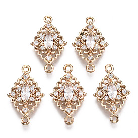 Brass Micro Pave Cubic Zirconia Links Connectors, Long-Lasting Plated, Rhombus, Light Gold