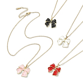 304 Stainless Steel Necklaces, Cable Chains, Bowknot Alloy Enamel Pendant Necklaces for Women, Golden