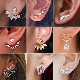 Crystal Heart Pendant Earrings Women's Fashion Trendy Asymmetric Leaves Hanging Temperament Earrings