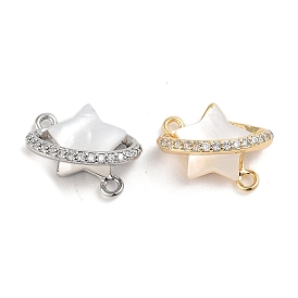 Brass Micro Pave Clear Cubic Zirconia Star Connector Charms, Shell Links