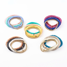 Stretch Beaded Bracelets Sets, with Handmade Polymer Clay Heishi Beads and Brass Round Beads, Golden