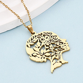 304 подвесные из нержавеющей стали ожерелья, женская голова с дуплом дерева, ионное покрытие (ip)