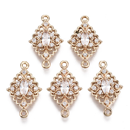 Brass Micro Pave Cubic Zirconia Links Connectors, Long-Lasting Plated, Rhombus, Light Gold