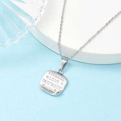Brass Micro Pave Cubic Zirconia Pendant Necklaces, 304 Stainless Steel Cable Chains Necklace, Square with Word Charms