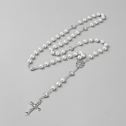 Крест Иисуса, подвеска из цинкового сплава с жемчужинами из стекла, круглые четки, ожерелья для женщин и мужчин, белые