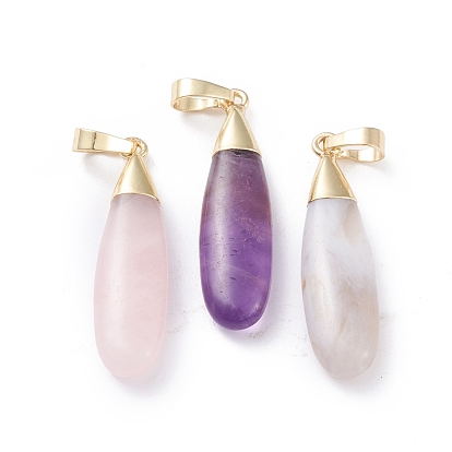 Natural Gemstone Pendants, with Golden Plated Brass Pinch Bails, Teardrop